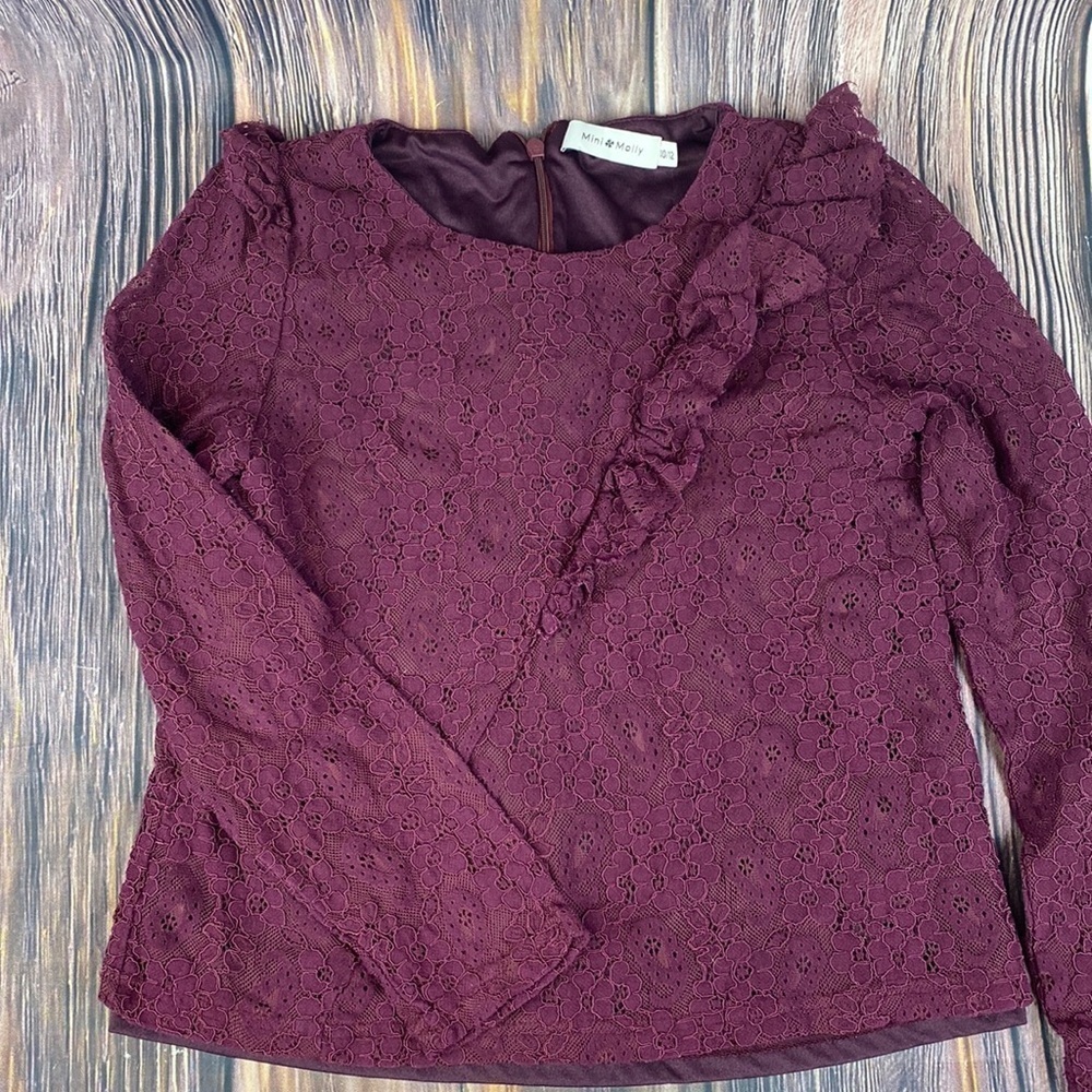 Girl’s Mini Molly Maroon Lace Long Sleeve Top- Size 10/12